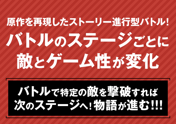 原作を再現したストーリー進行型バトル！バトルのステージごとに敵とゲーム性が変化　バトルで特定の敵を撃破すれば次のステージへ！物語が進む！！！
